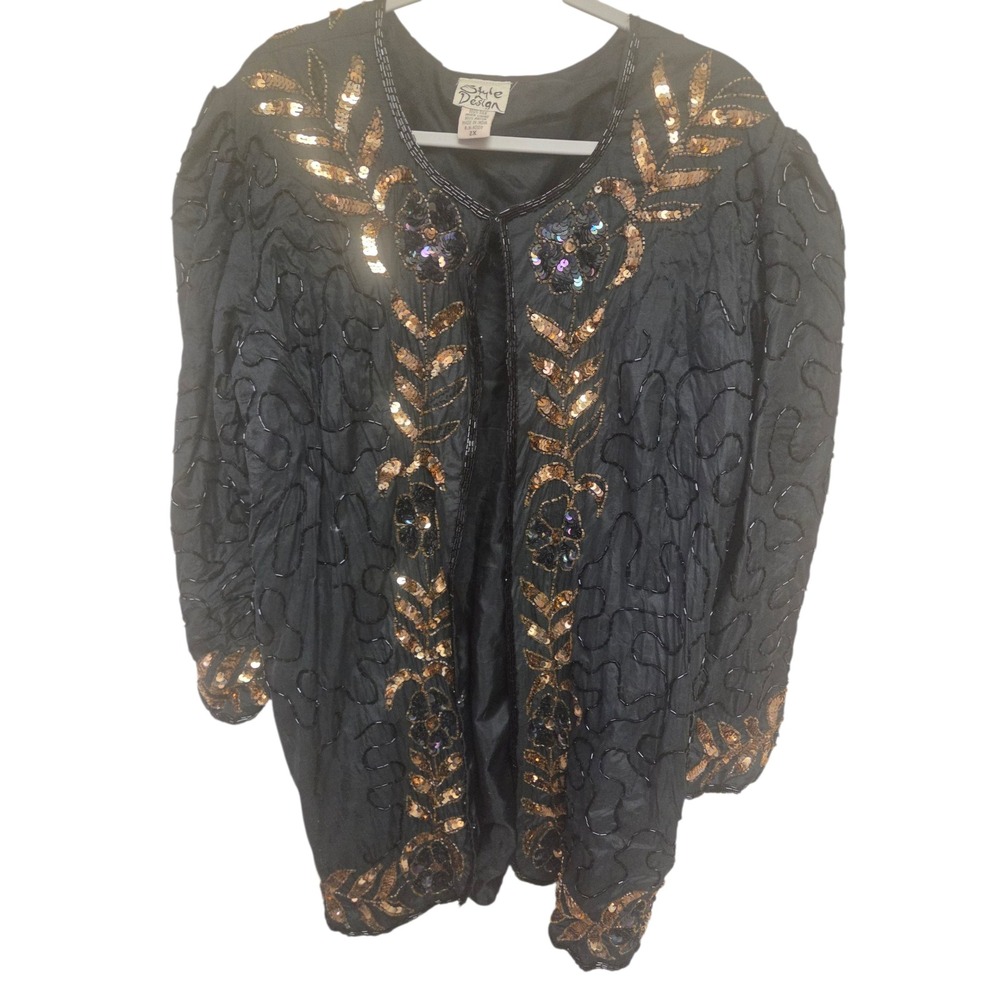 Vintage Style Design Beaded Sequin Black Silk Jacket 2X Formal Evening Wear‎